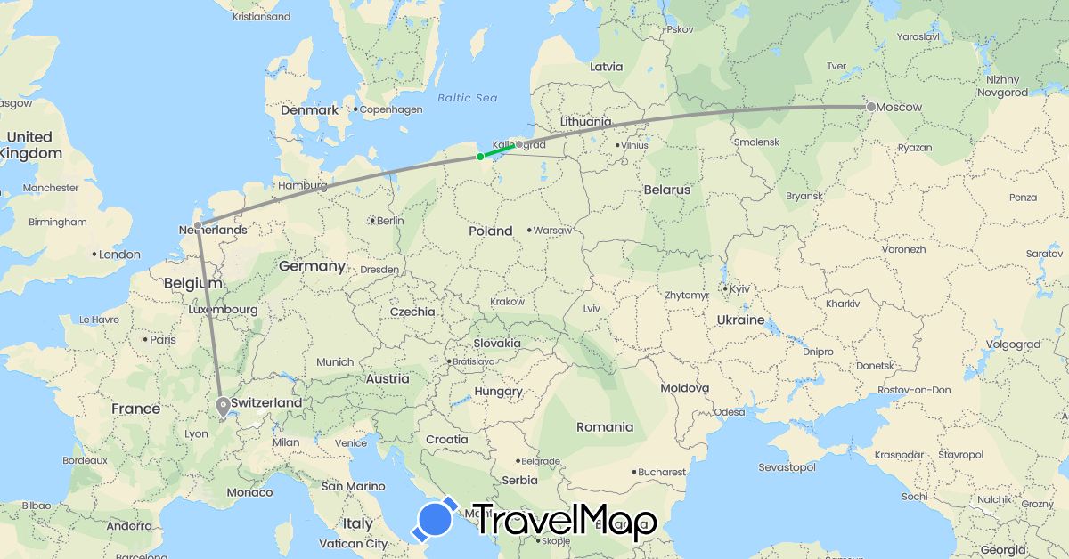 TravelMap itinerary: driving, bus, plane in Switzerland, Netherlands, Poland, Russia (Europe)